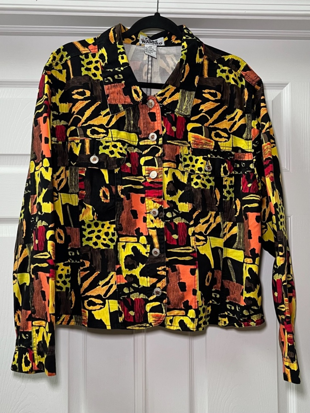 Fore Warned Cropped Vibrant Abstract Button Down Jacket, Size 20